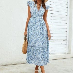 SHEIN size L Floral print cap sleeve ruffle hem dress